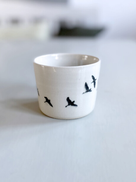 cylinder shaped natural white mug with black birds